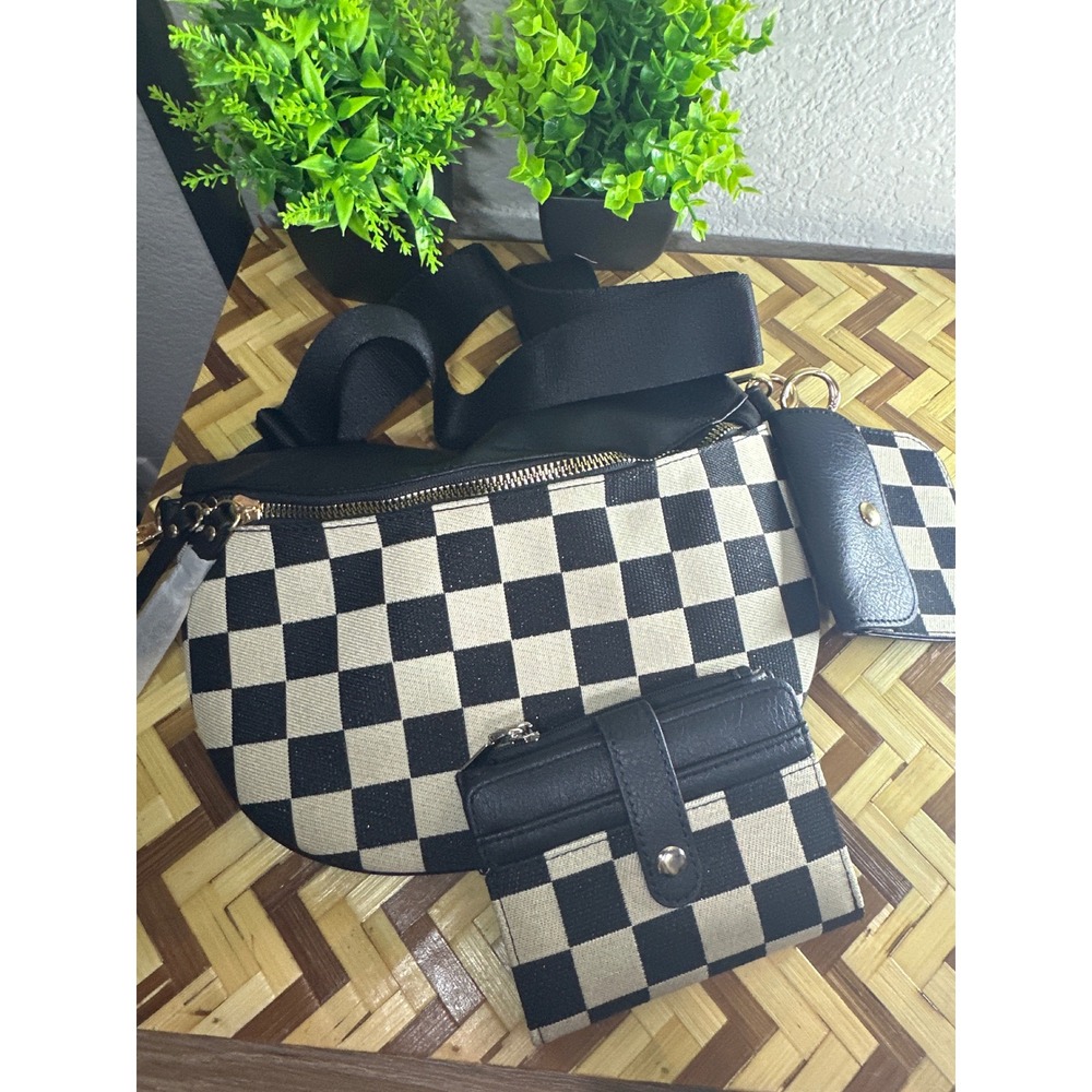 Checkered Crossbody Sling Bag Set with Matching Bifold Wallet and Pouch Black